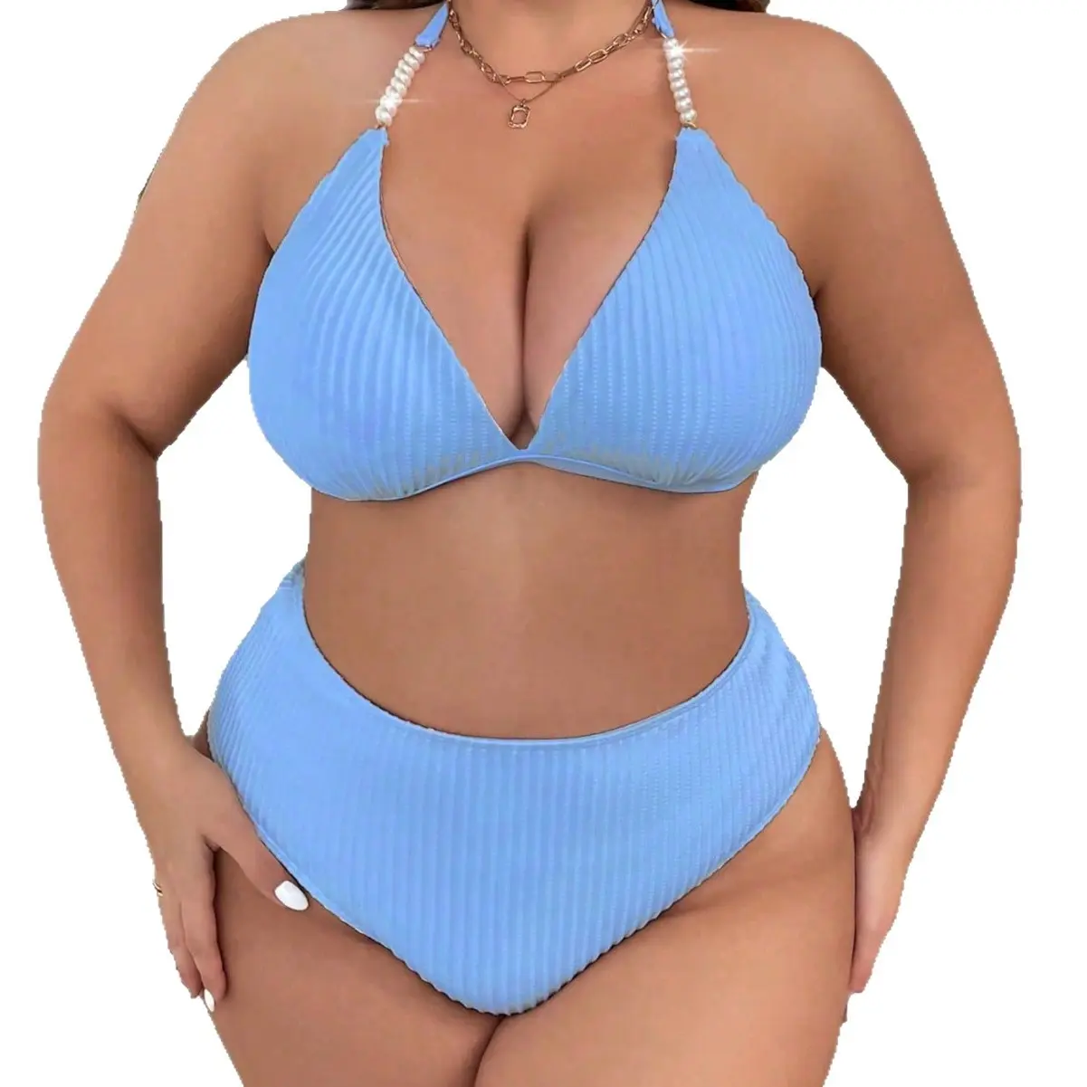 Strappy backless plus-size swimsuit for women, solid color high-waisted sexy bikini two-piece swimwear