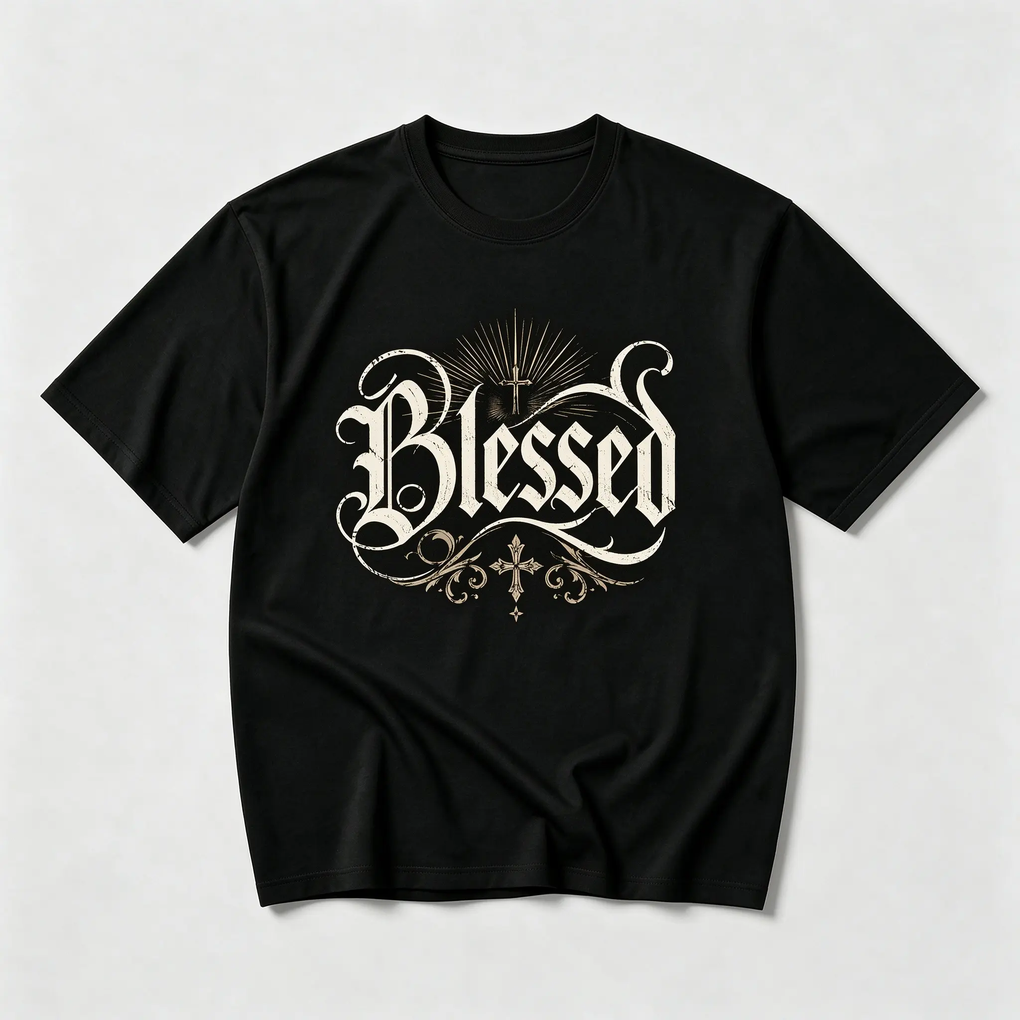 Vintage Gothic Blessed Cross Sunburst Scroll Graphic Print |     100% Cotton T-Shirt, Elegant Christian Blessed Religious Faith Tee, Unisex Men Women Casual Top, Sunday Church Daily Street Outfit, Classic Spiritual Blessing Gift For Believers