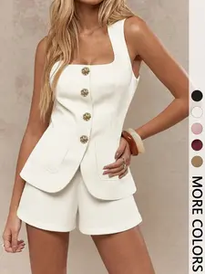 2Pcs Women Summer Elegant Two-Piece Outfit Suits, Square Neck Sleeveless Gold Button Tailored Vest & High Waist Shorts, Casual Commuter Office Co-Ord Set for Work Vacation