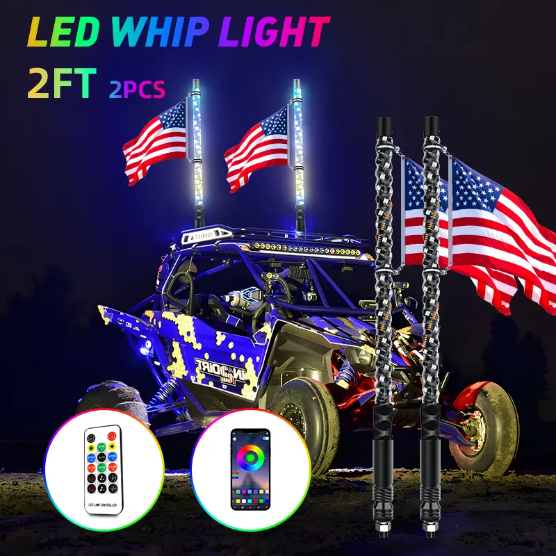 2FT RGB LED Lighted Whip Antennas for UTV, ATV, Polaris, Go Kart, Side by Side, Boat - Smart Chasing Patterns, Spring Loaded Base, App & Remote Multi-Control, Holiday Gift, Dune Buggy
