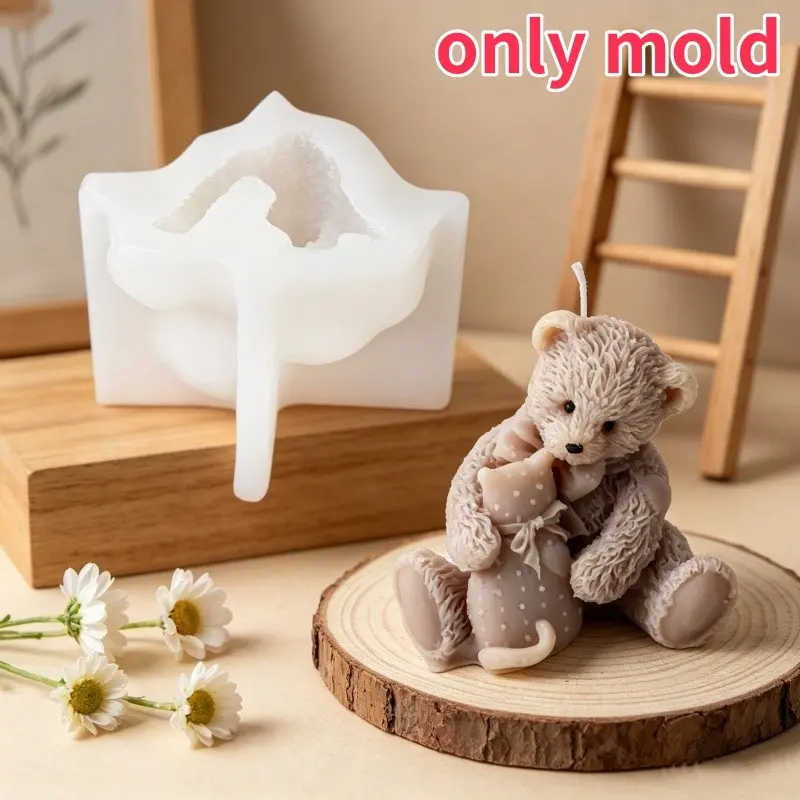 3D Teddy Bear Silicone Candle Mold Hugging Cat Texture Mould for Candle Soap Resin DIY Sitting Bear Animal Gypsum Handcraft Decor Silicone Molds For Crafts