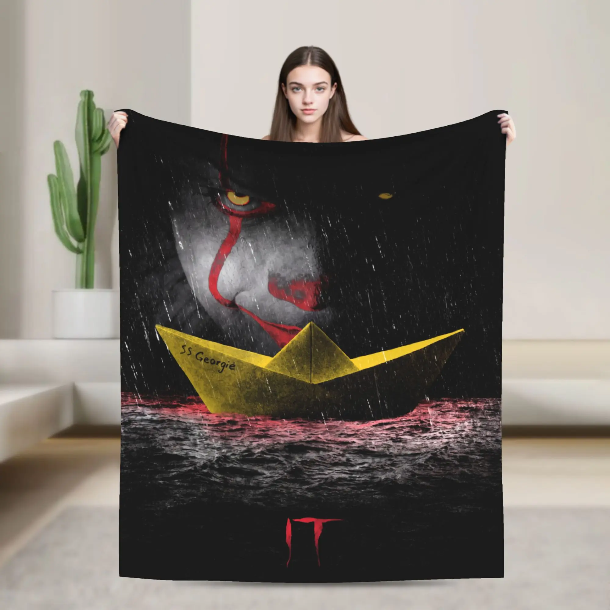Pennywise IT SS Georgie Paper Boat Rain Horror Flannel Throw Blanket, Scary Clown Movie Poster Blanket, Soft Lightweight Cozy  Blanket for Sofa Bed Dorm, Halloween Decor Gift for IT Movie Fans
