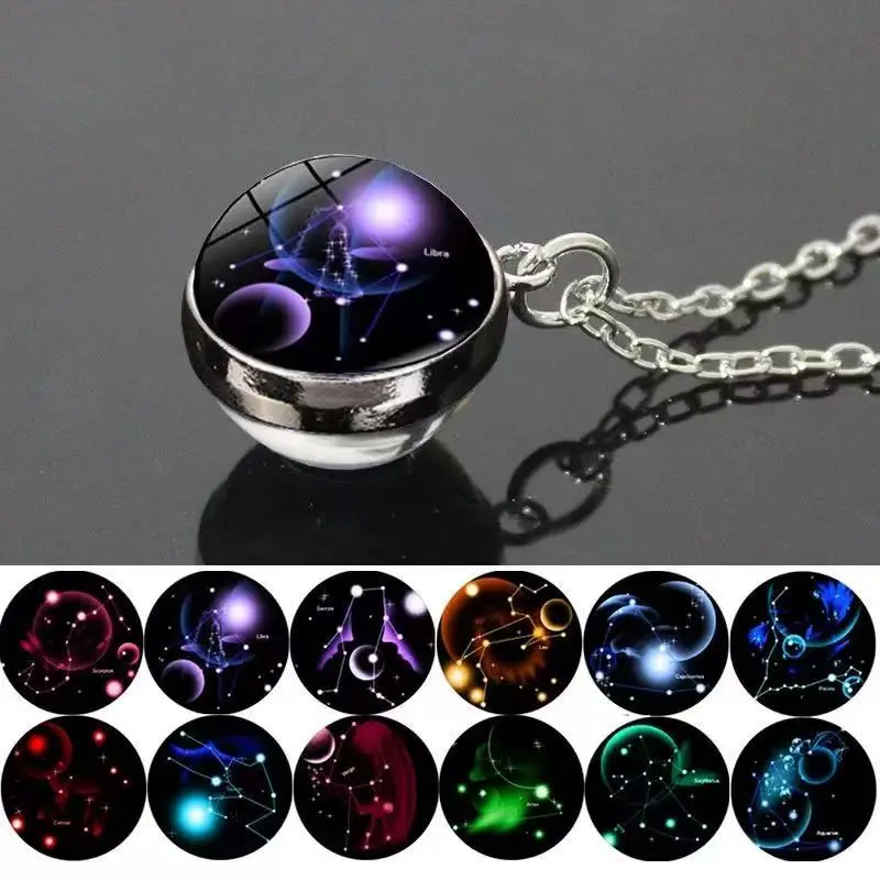 12-Zodiac Luminous Constellation Pendant Necklace, Starry-Sky Glass Ball, Fashion Costume Jewelry Accessory for Men