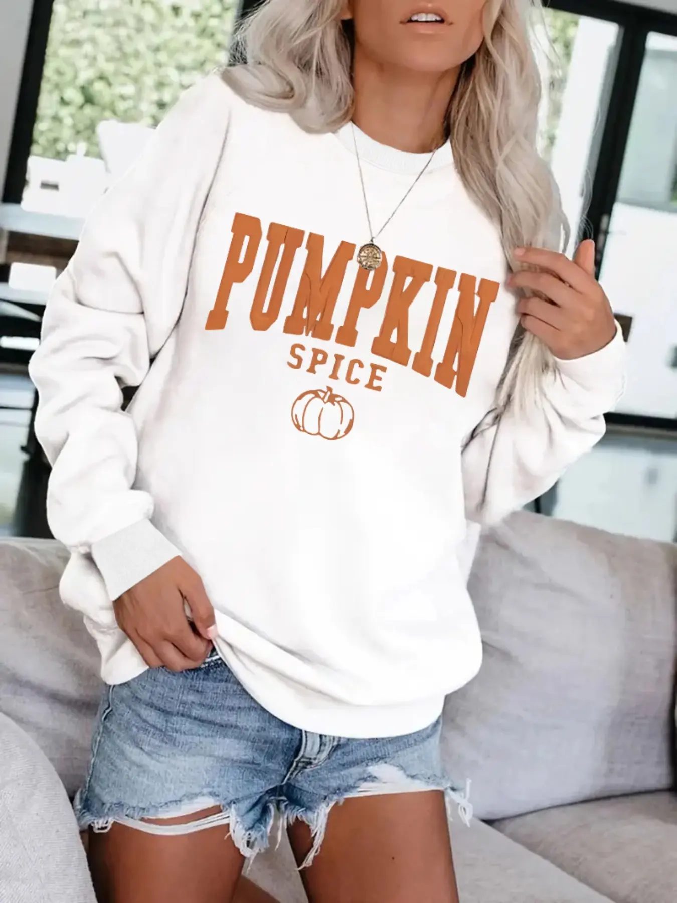 Women's Casual Pumpkin Letter Pattern Sweatshirt, Oversized Soft Long Sleeve Round Neck Thin Hoodie, Comfortable Daily Wear