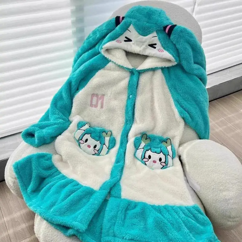 Kawaii Hatsune Miku Coral Velvet Robes Women's Winter Thickened Flannel Pajamas Cute Anime Casual Home Wear Kids Xmas Gifts