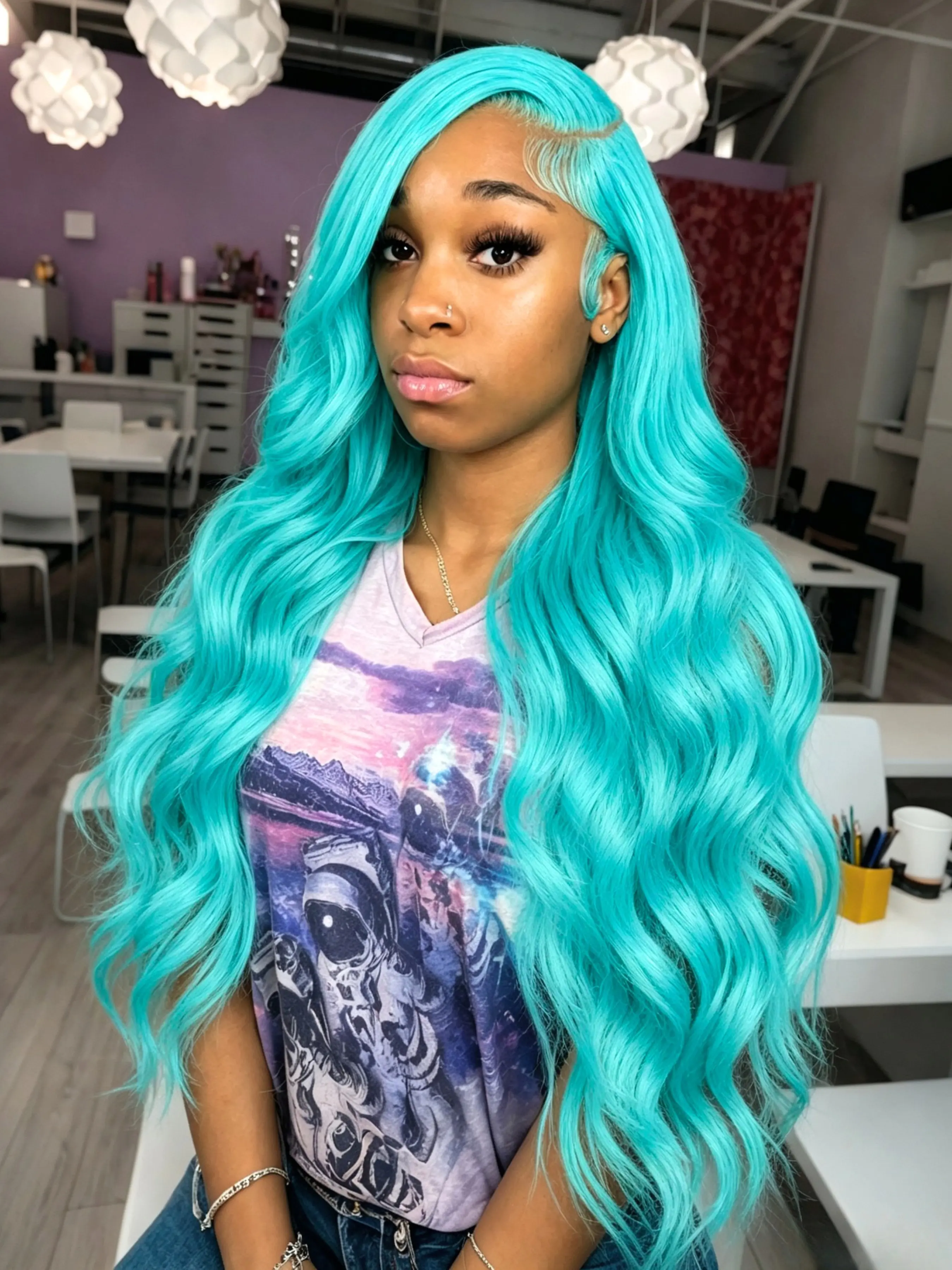 Mint Blue Body Wave Wig 13x4 Lace Front Wig Soft HD Transparent Lace Wig Pre-Plucked Hairline Heat Resistant Synthetic Wig Teal Wavy Wig Lace Frontal Wigs for Women Parties Cosplay Stage 28 Inches