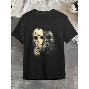 Men's T-shirt with horror icon graphic... 1 piece, star and flag pattern, casual, sporty, for vacation.