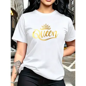 100% cotton, gold crown and Queen-themed artistic letter print, trendy and fashionable, simple round neck, casual and versatile, short-sleeved women's T-shirt, suitable for leisure travel, vacations, and other activities