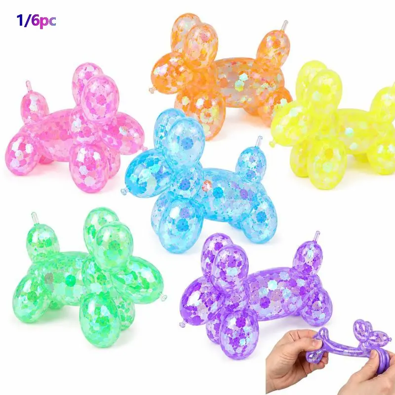 1/6 Counts Soft Squishy Sequin Little Dog Stress Balls for Girls and Boys, Stress Relief Squishies, Cute Animal Squeeze Sensory Toys, Stretch and Squeeze Sequin Balloon Dog Squishy Toys for Kids, Party Favors, Easter Basket Stuffers