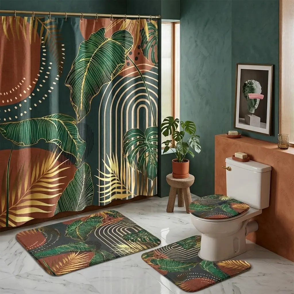 4pcs Tropical Paradise Shower Curtain and Bath Mat Set, Vibrant Monstera Leaves, Geometric Gold and Accents, Summer Bathroom Decor