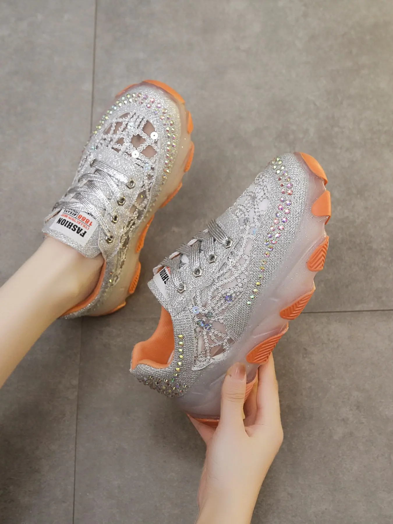2026 New Hollow Mesh Rhinestone Platform Dad Sneakers, Breathable Lace Up Casual Sports Shoes, Elevated Wavy Thick Sole, Ideal For Daily Shopping, Travel & Commute, Sparkly Women Footwear, Multi Color Options