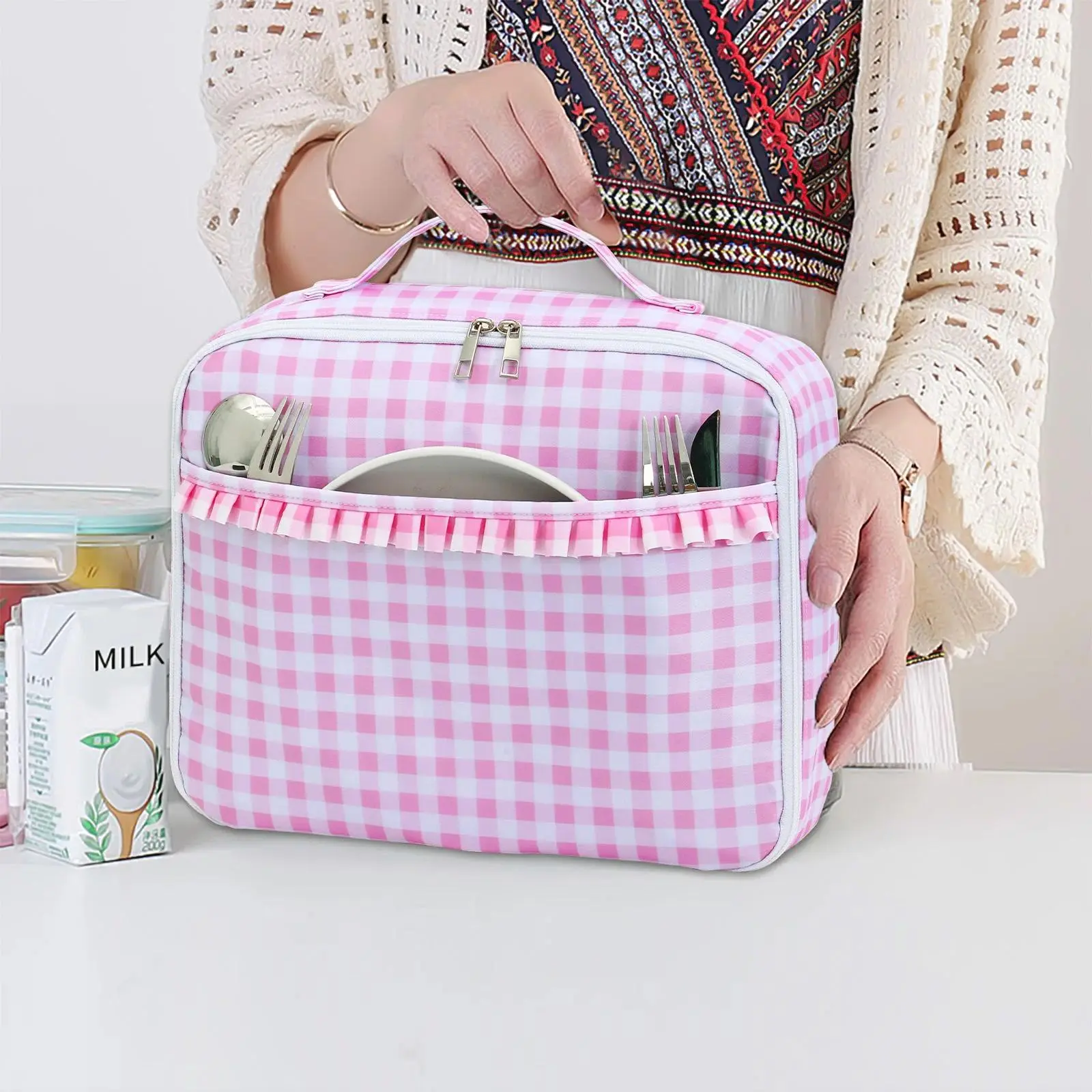 Lunch Bag Ruffle Plaid Insulated Cooler Box Kid Child School Thermal Food Tote Women Waterproof Leakproof Portable Reusable