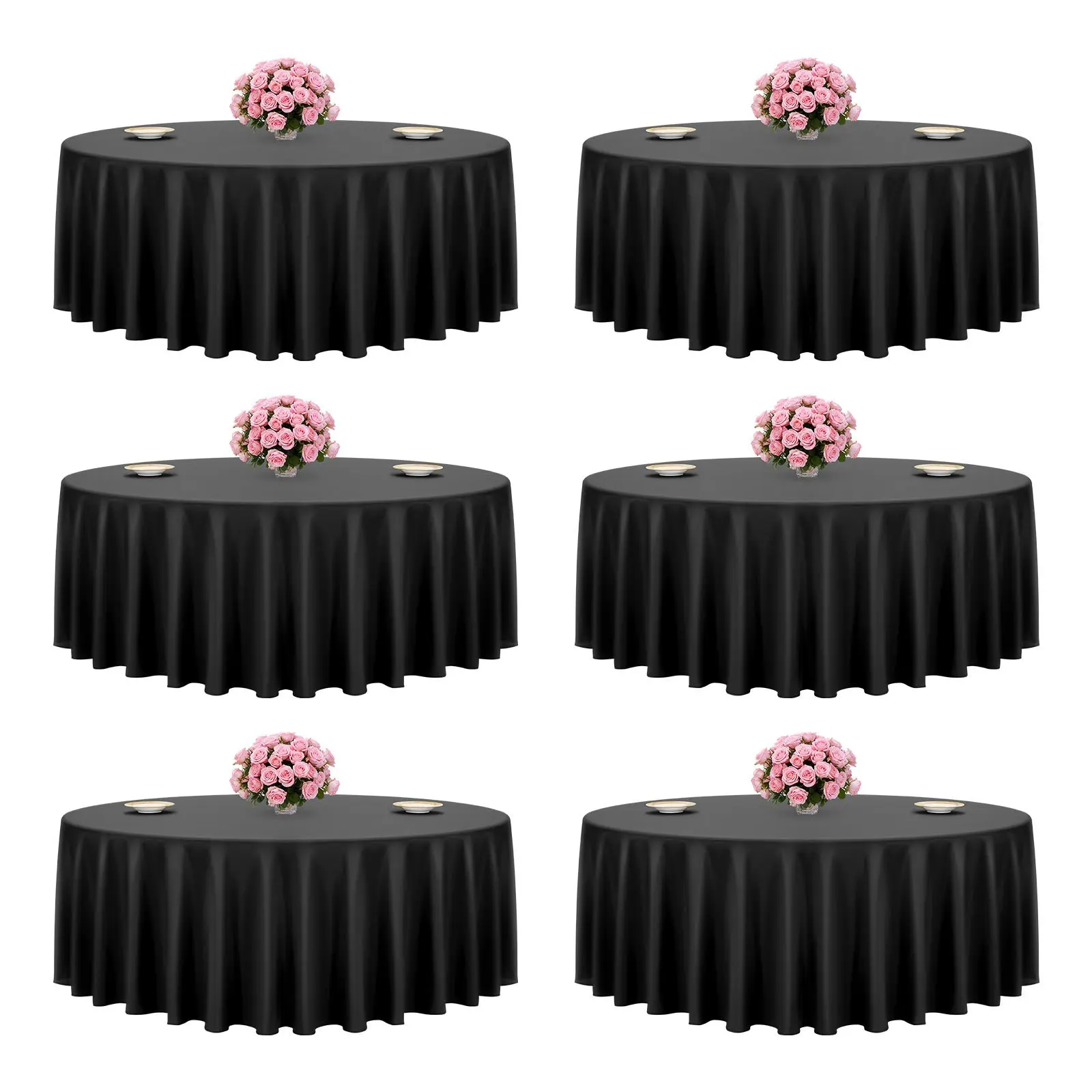 VEVOR 6-Pcs Black Round Polyester Tablecloth Set, 120 in Diameter, Stain-Resistant, Wrinkle-Resistant, Machine Washable, Christmas Decor, Ideal for Wedding Formal Events & Gifting, Black-120 Inch Tablecloth
