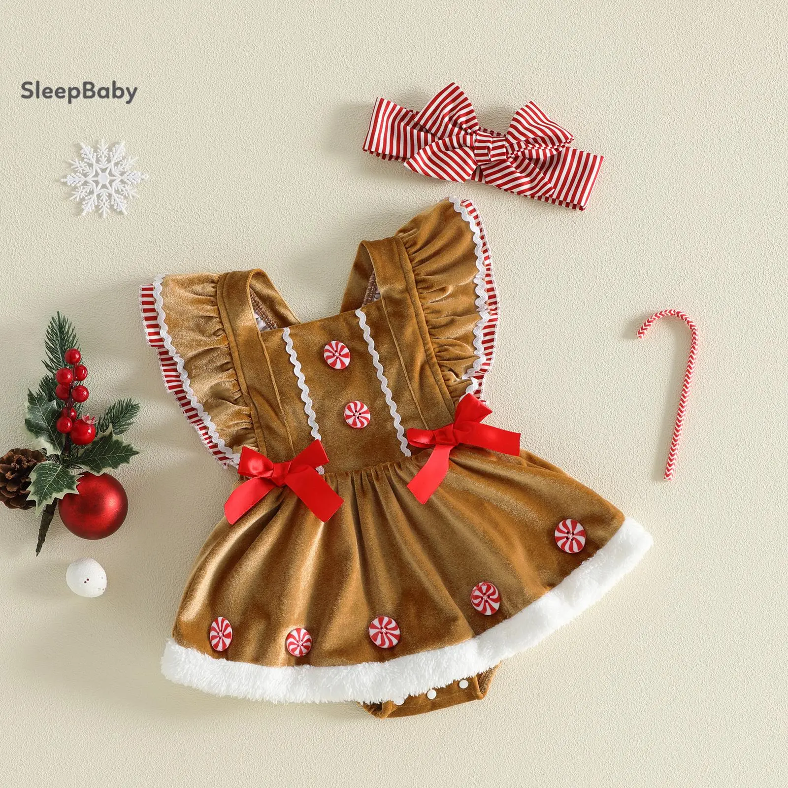 Christmas Romper Set for Baby Girls, Soft Velvet Gingerbread Outfit with Ruffled Sleeves, Big Bow, Fuzzy Hem & Headband, Casual Daily