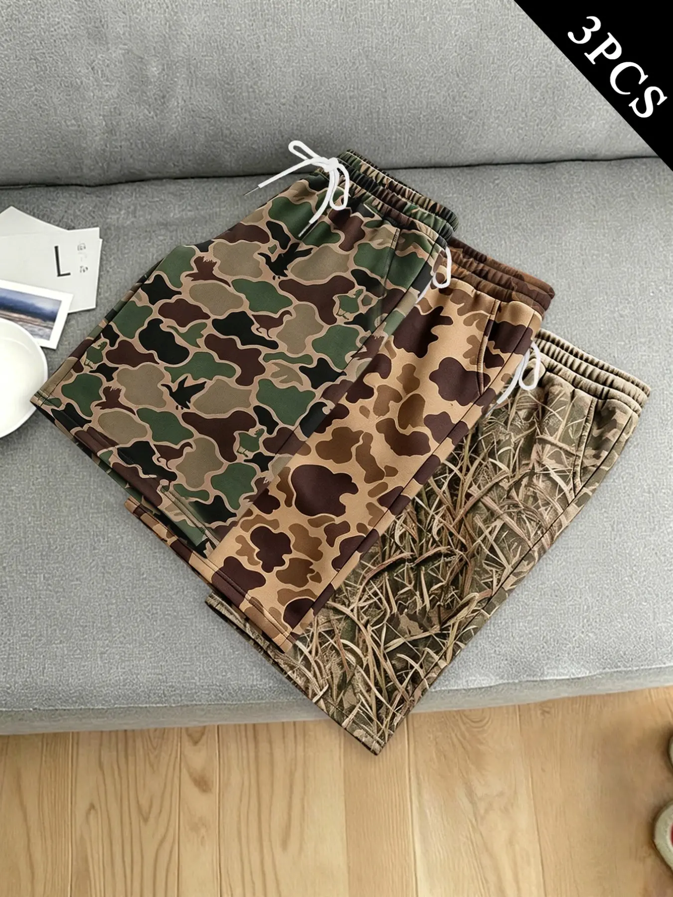 Men's Summer 3-Piece Camouflage Print Drawstring Waist Shorts Set, Casual Fitted Outdoor Shorts, Ideal for Beach Vacation and Travel