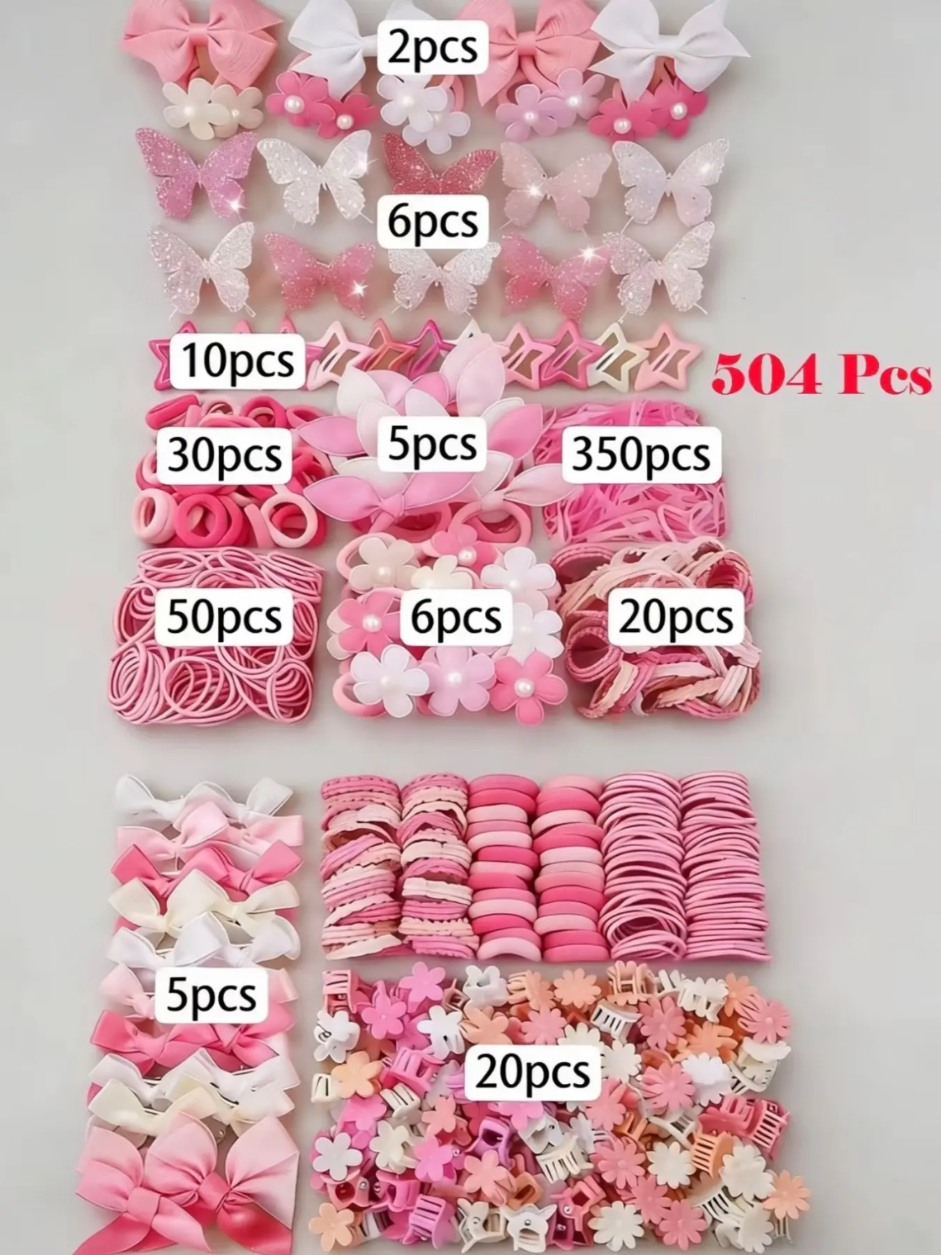 504 Pieces Girls Bow Hair Clips Set, Cute Princess Style Hair Accessories, Elastic Hair Bands, Daily Use Hair Decorations, Hair Accessories Sets