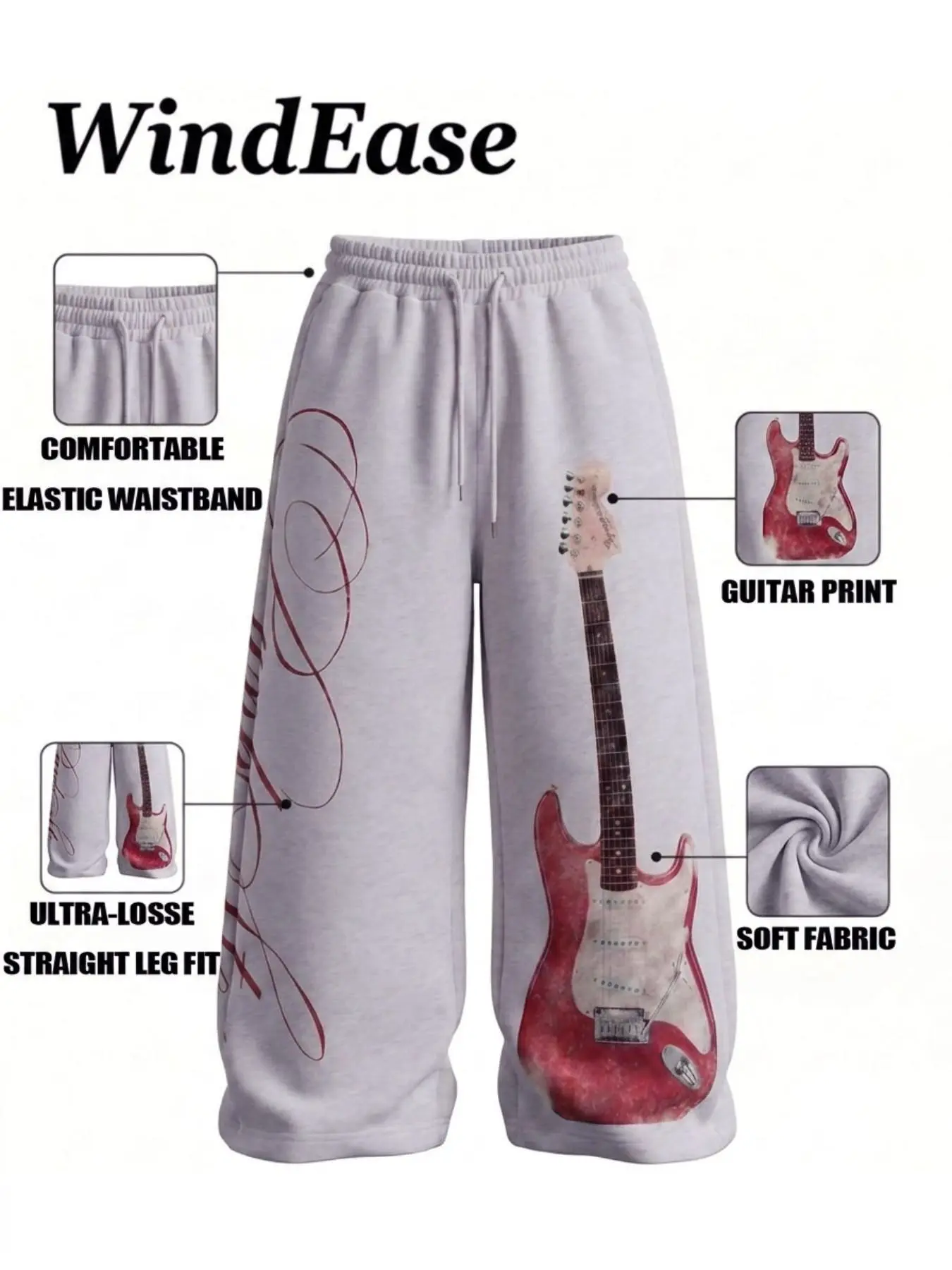 Men's Vintage Guitar Print Wide Leg Pants, Guitar and Script Pattern, Loose Fit Drawstring Waist, Cool Casual Comfy, Casual Streetwear, All Seasons, Casual Fashion Loose