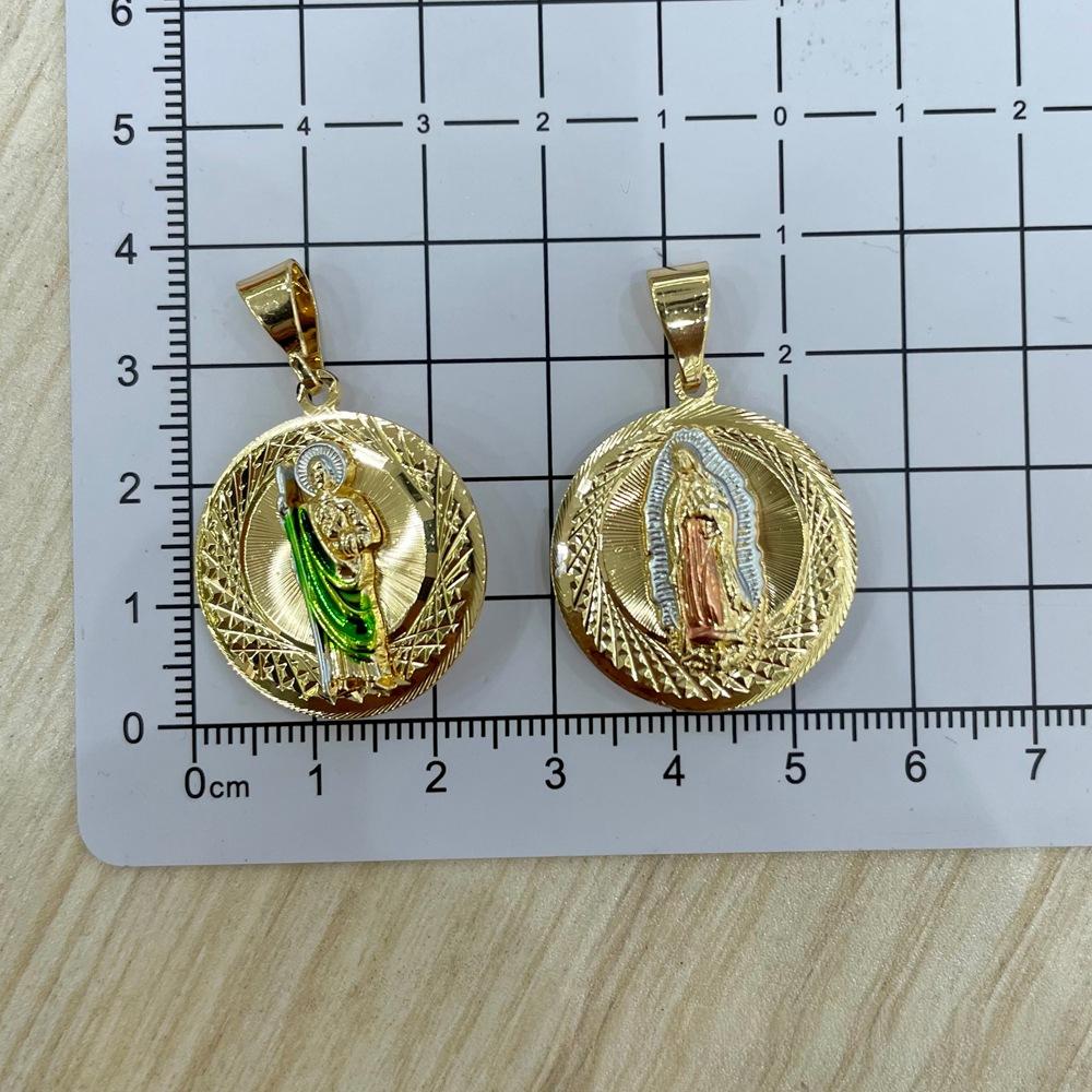 14K gold-plated Saint Jude medal pendant, religious Catholic jewelry, featuring green enamel details and a sunburst design. Suitable for both men and women, offering divine protection