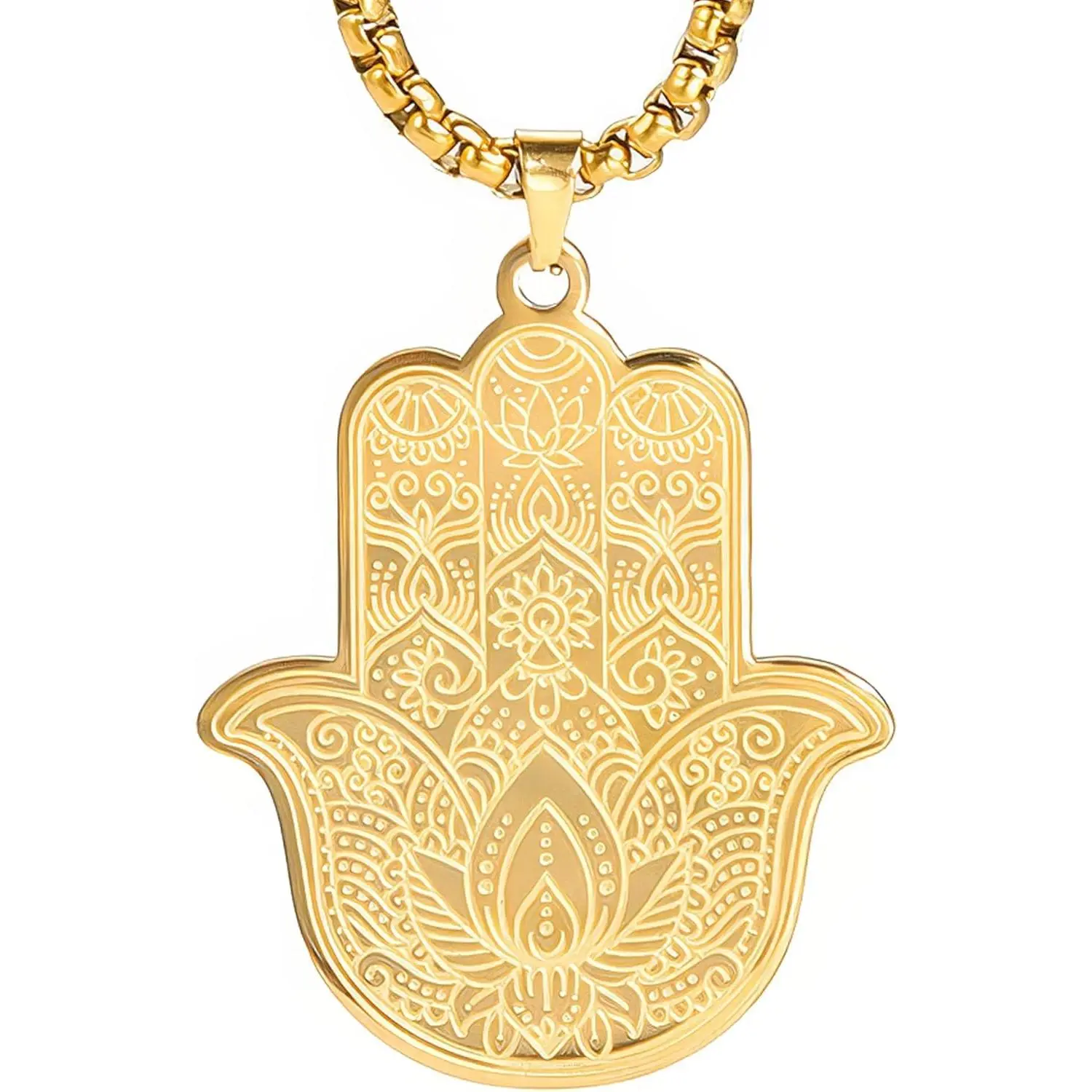 Gold Hamsa Hand Necklace for Men & Women, Stainless Steel Hand of Fatima Pendant, Spiritual Protection Amulet on a Box Chain
