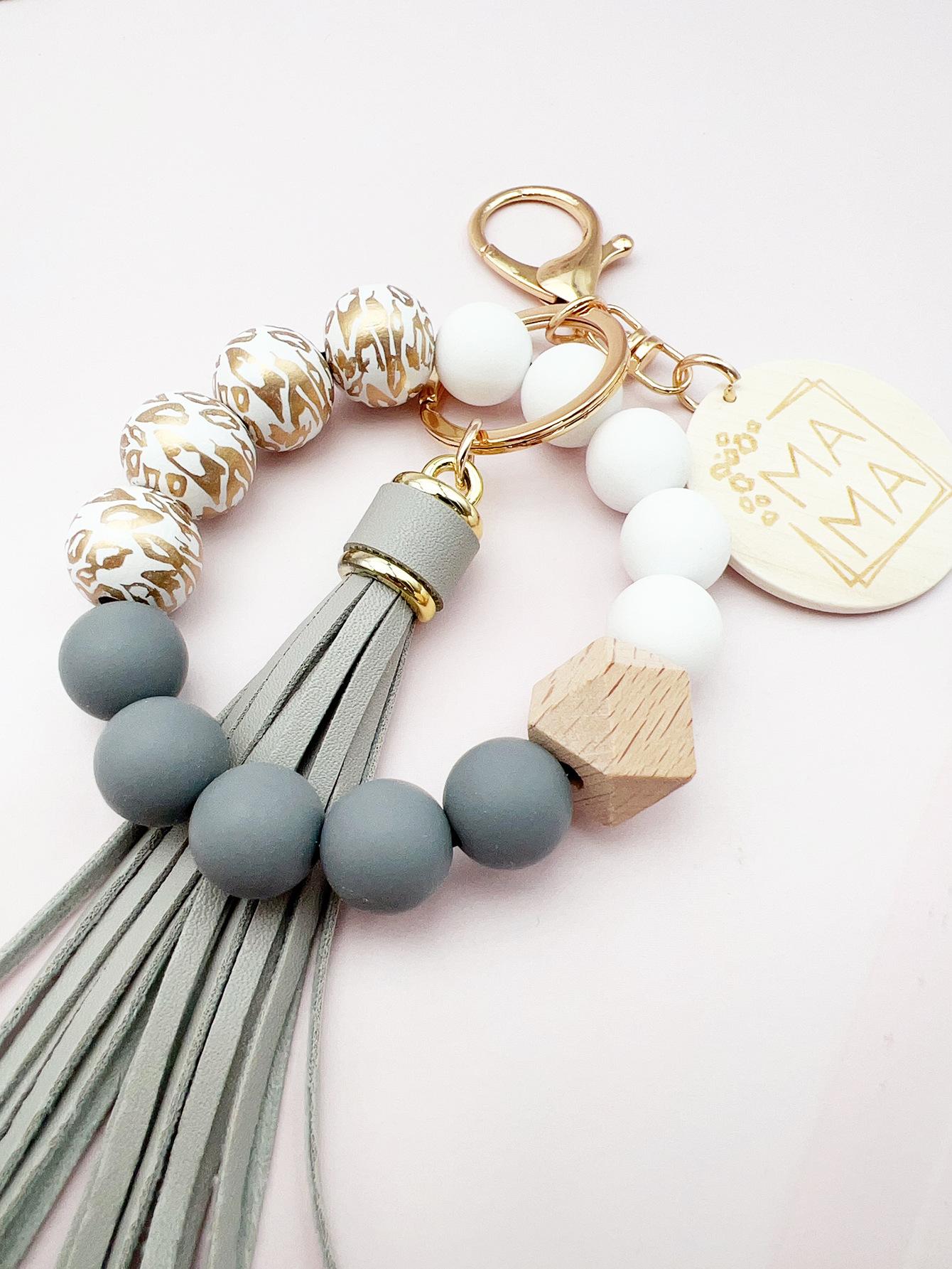 Wrist keychain, bag pendant, key ring, silicone bead bracelet, tassel, wooden beads, MAMA wood piece