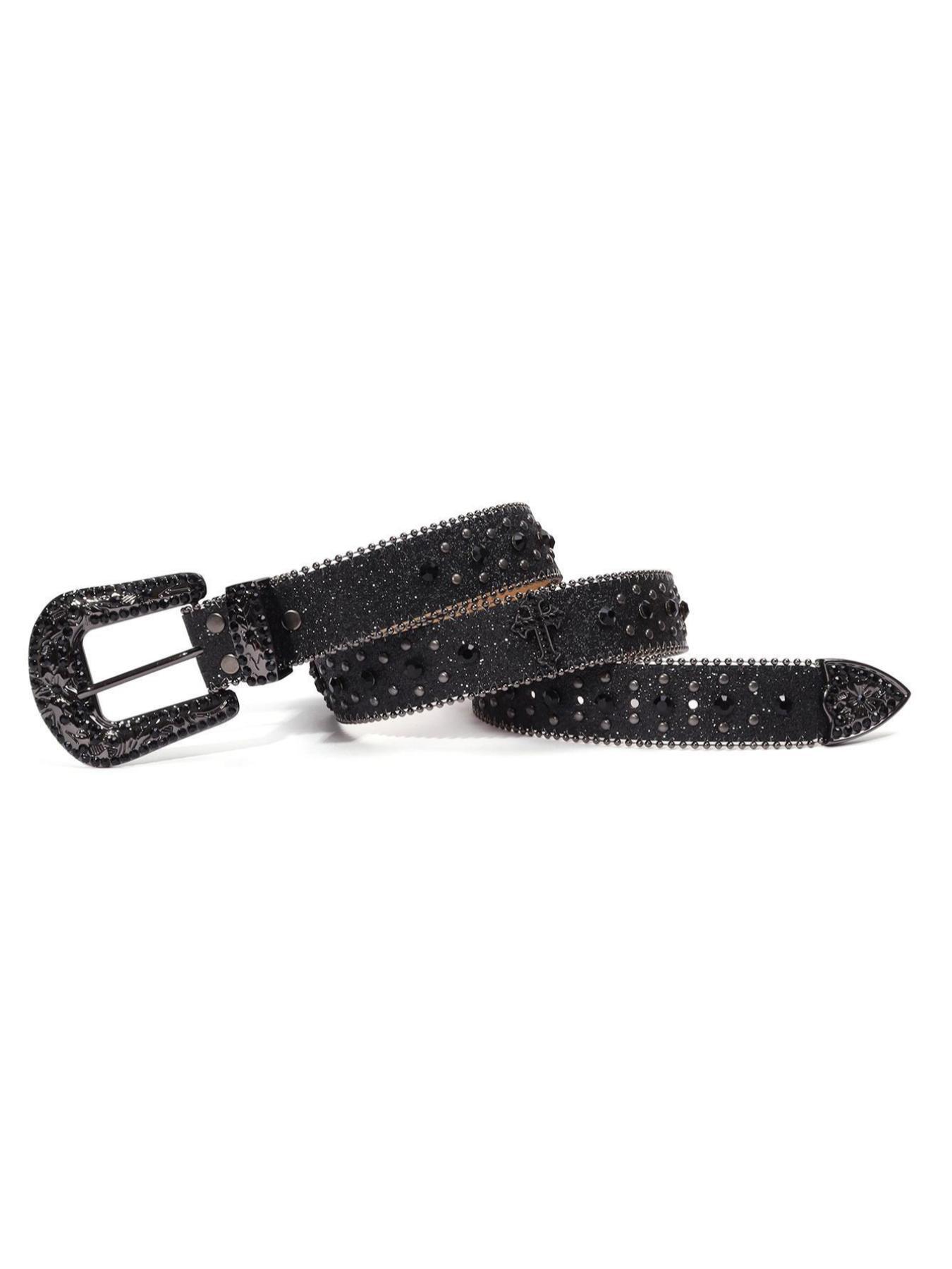 Punk Style Rhinestone Decorated PU Belt with Buckle, Fashion Cross Belt for Party, Daily Clothing Decor, Trendy Versatile & Exquisite Belt for Birthday Gift