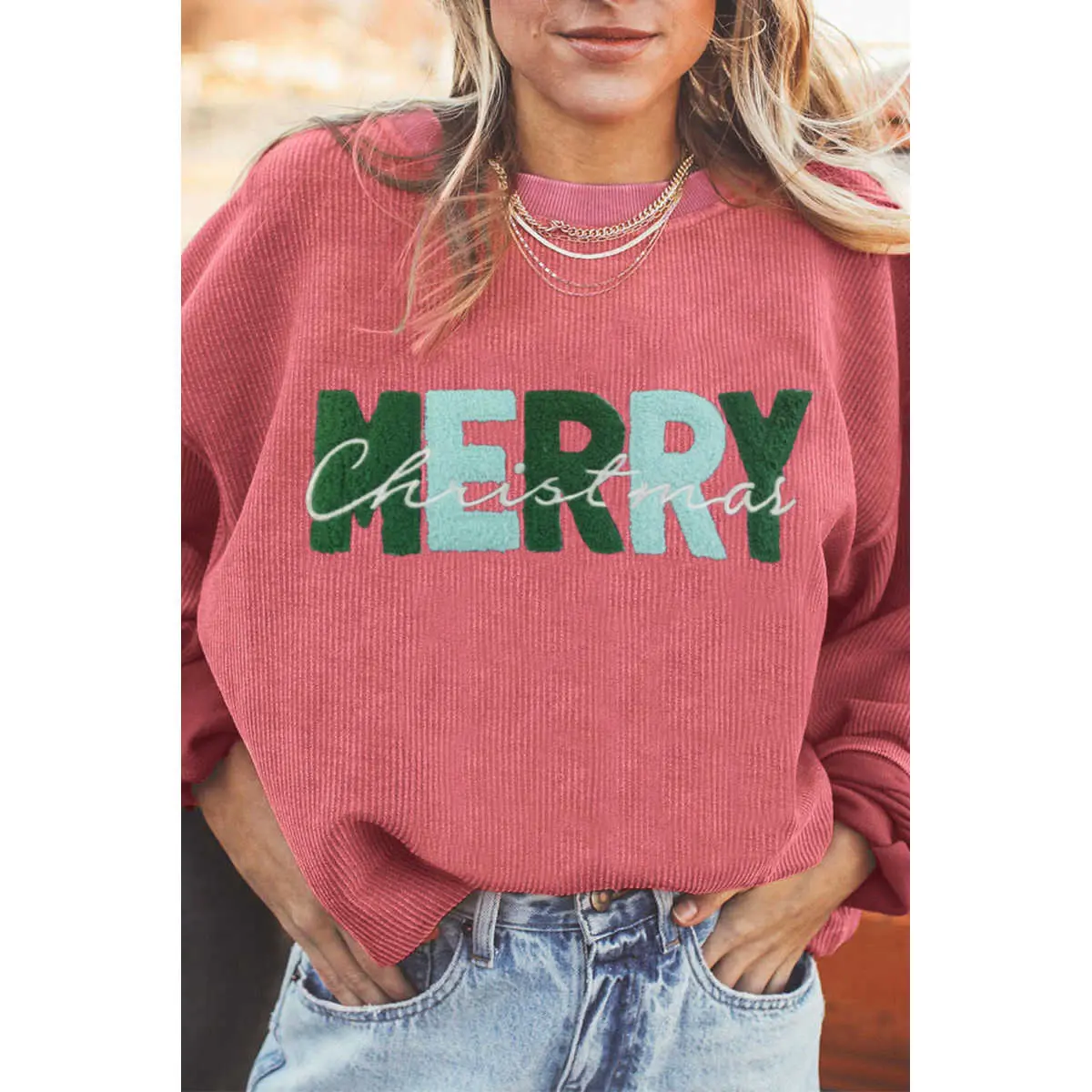 Women's Sweatshirt, Casual Merry Christmas Graphic Top with Chenille Embroidery in Simple Pink Corded Fabric, Fashion, Long Sleeve, Tops, Hoodie, Embroidered