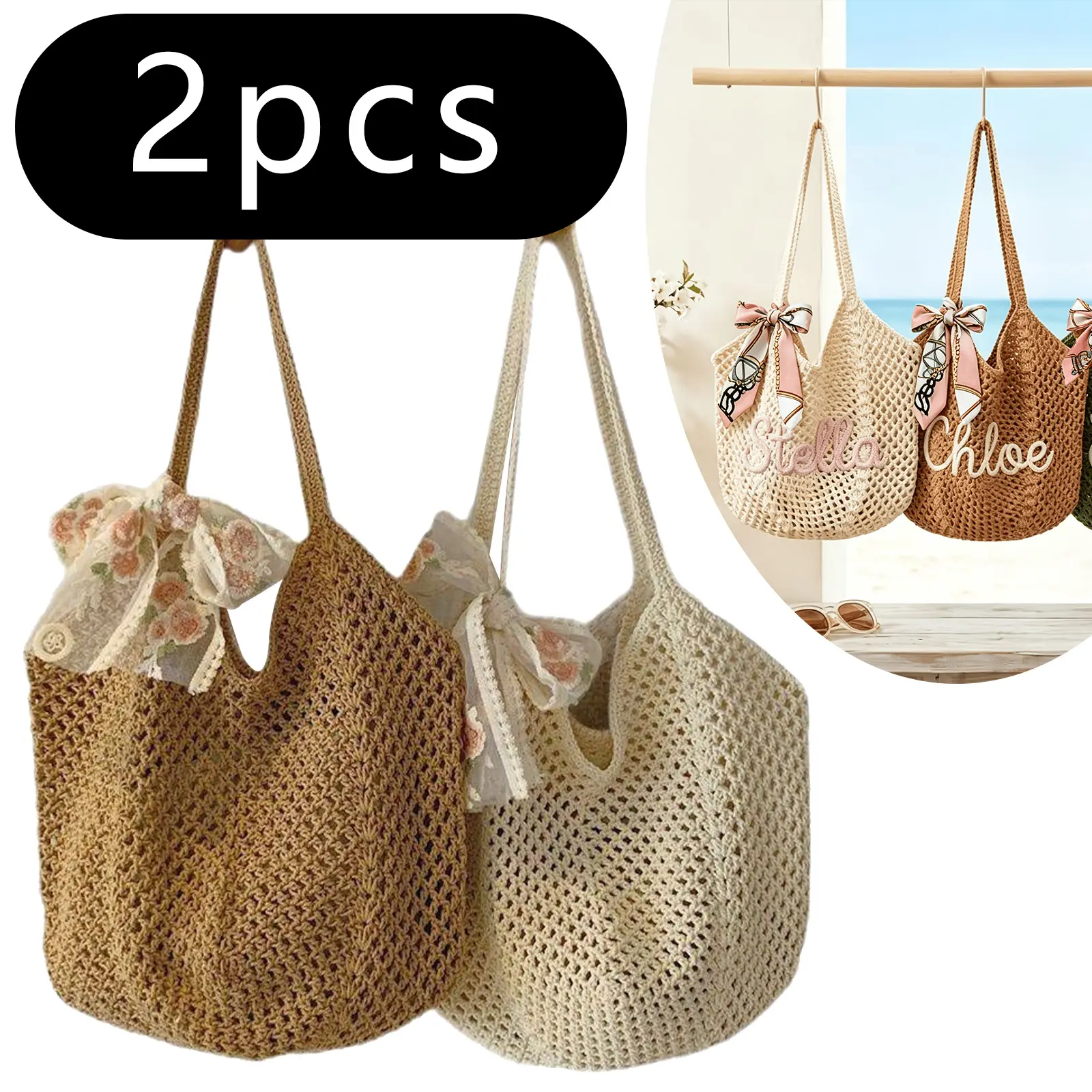Women's 2-Piece Handbag & Scarf Set, Elegant Washable Shoulder/Beach Tote Bag with Initial Detail, Ideal for Beach Vacations, Bridesmaids or Mother's Day Gifts, Two Pieces