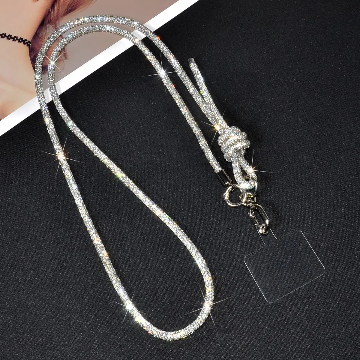 High-End Silver Sparkling Full-Rhinestone Phone Long Strap, Elegant Knot Design, Rotatable Buckle, Luxury Fashion Bag Replacement Shoulder Chain, Anti-Lost Phone & Camera Crossbody Lanyard For Women, Cell Phone Lanyard