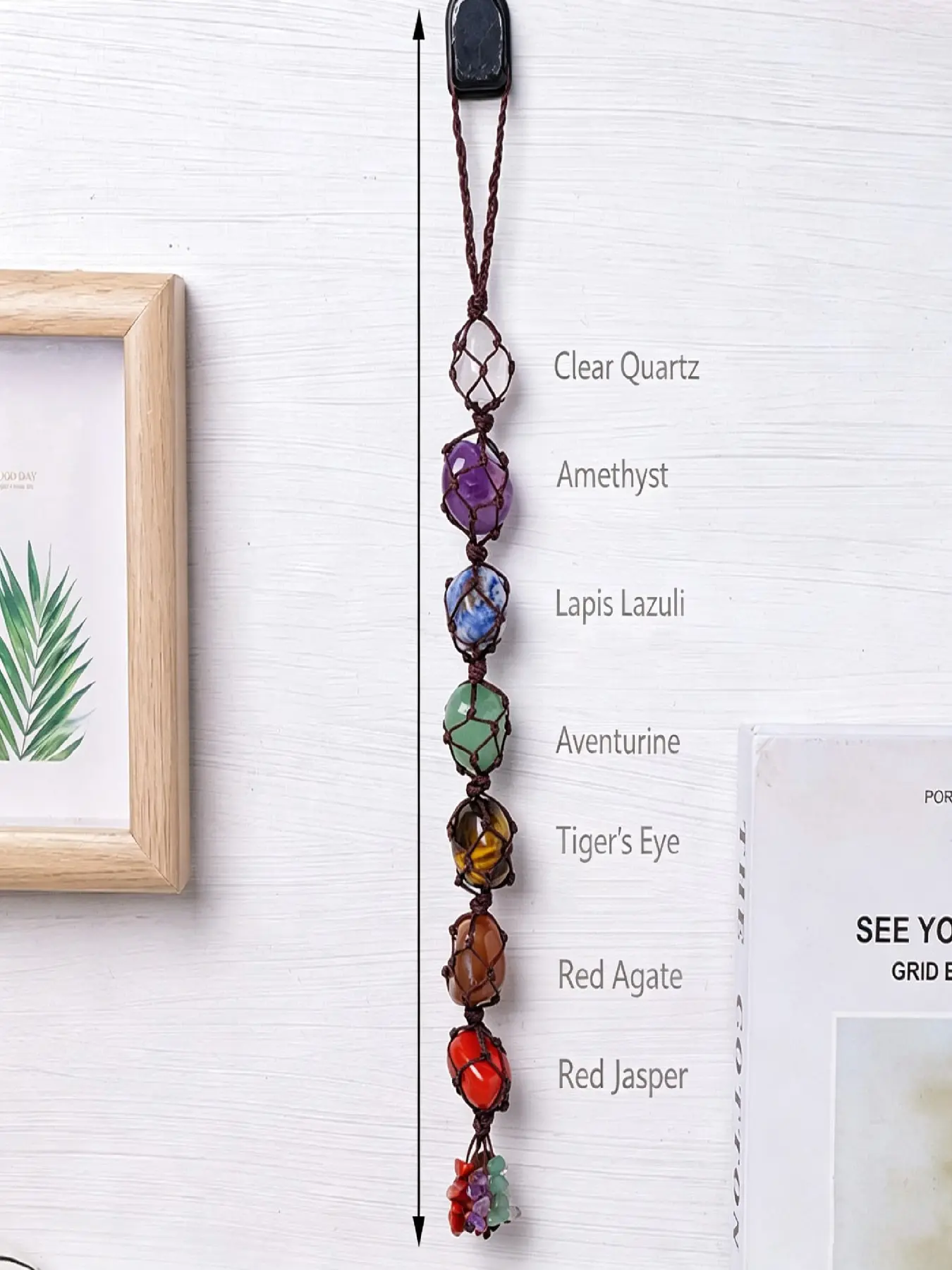 Handmade woven grid seven chakra natural crystal irregularly shaped gemstone pendant, spiritual meditation chakra healing stone crystal decorative pendant, suitable for car rearview mirrors, bedroom doors, yoga rooms, a perfect gift for crystal lovers