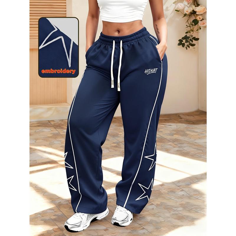 Women's Star Embroidery Loose-Fit Joggers - Soft Breathable Polypropylene Activewear, Elastic Waist Drawstring Pants, All-Seasons Outdoor Wear, Size S, Machine Washable, Dry Clean Compatible