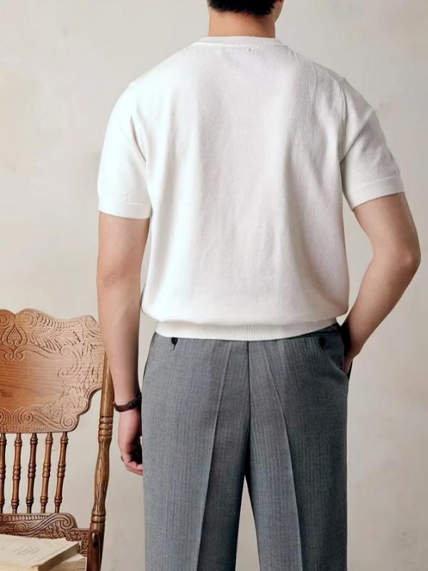 Kyn Apparel Men's summer solid-color round-neck short-sleeve knit shirt - Retro high-end home wear T-shirt Soft and comfortable breathable h