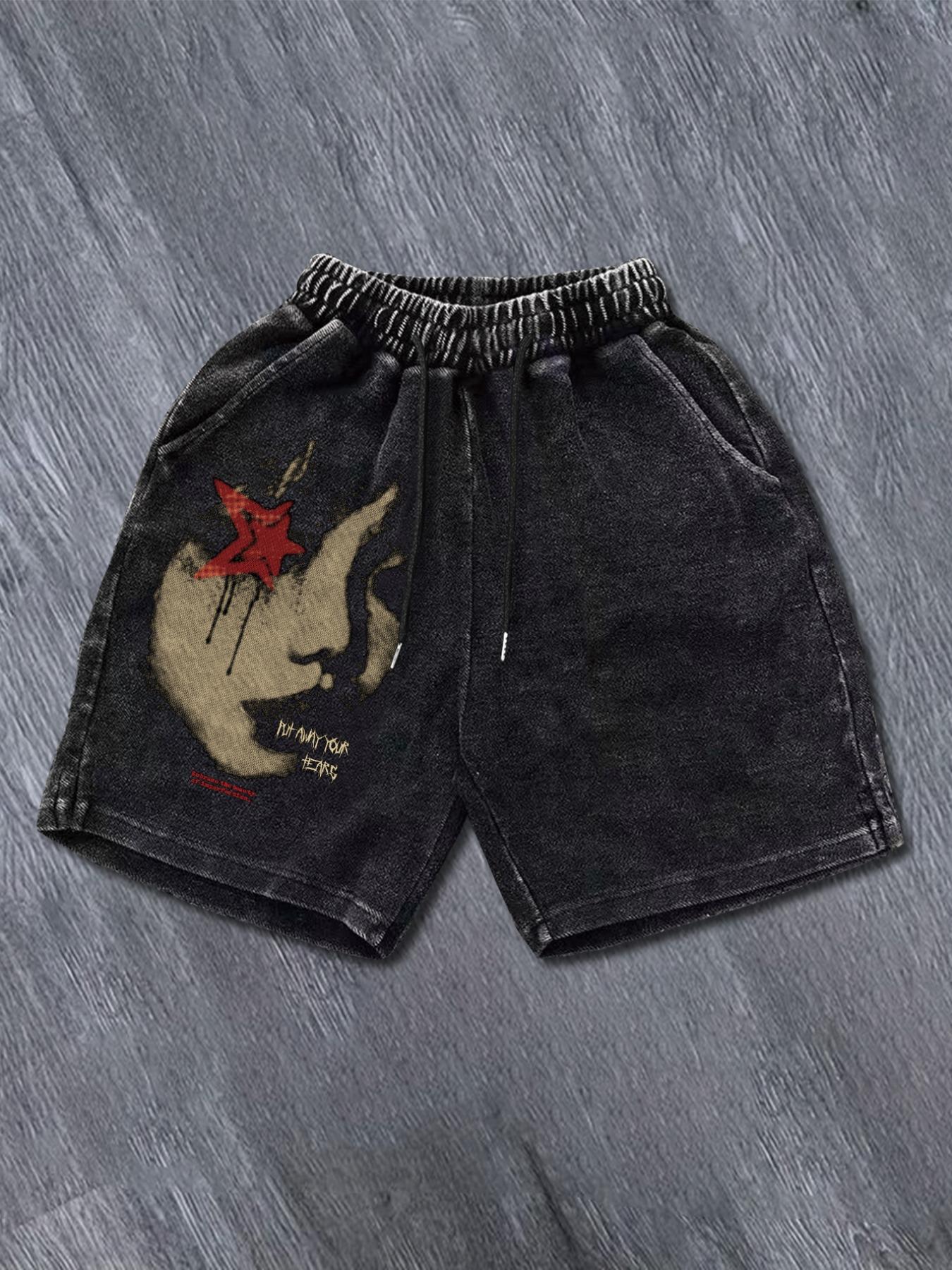 Men's Denim-Effect Print Letter Graphic Drawstring Waist Shorts, Casual Streetwear Shorts, Regular Fit Casual Street Comfy Shorts for Summer, Men's Bottoms for Daily Wear