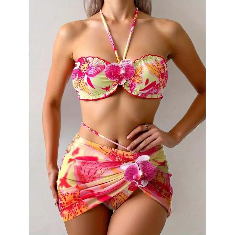 2026 New Bohemian Floral Bikini Set - Women's Halter Bandeau Bikini With Matching Cover Up Skirt