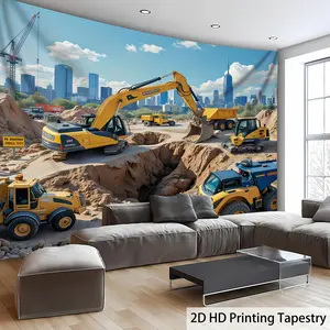 2D plane, [2D plane print] 1 vibrant construction site tapestry - 100% polyester fiber, with an architectural theme featuring excavators and bulldozers, perfect for decorating a young person's room, birthday parties, and photography studios, 2D plane