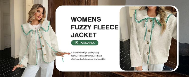 Womens Fuzzy Fleece Jacket Peter Pan Collar Button Down Fall Winter Sherpa Coats Colorblock Cute Warm Outerwear