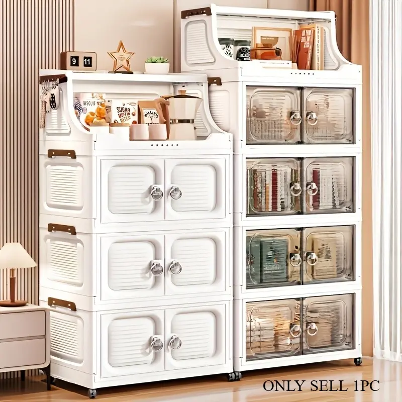 6/5/4/3-layer foldable oversized storage cabinet with doors, wheels, and open shelves, 18.5-inch wide stackable plastic storage box, suitable for kitchen corridors, living rooms, garages
