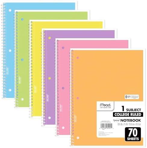 Spiral Notebooks, 3, 1Subject, College Ruled Paper, x 101/2", 70 Sheets per Notebook, Assorted Pastel Colors Spiral Notebooks for School