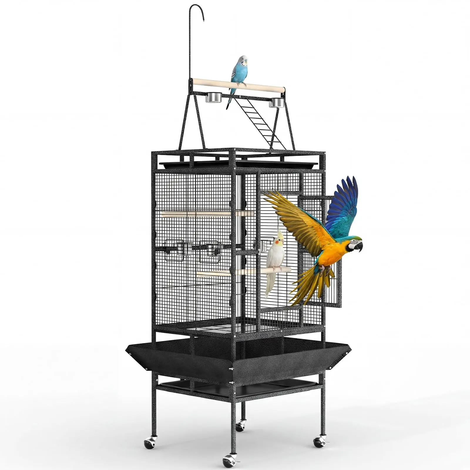 82 Inch Large Parrot Cage with Play Top & Rolling Stand. Heavy Duty Wrought Iron Bird Aviary with Rope Perch & Removable Tray, 22"L X 24"W X 82"H, 4 X Stainless Steel Bowls