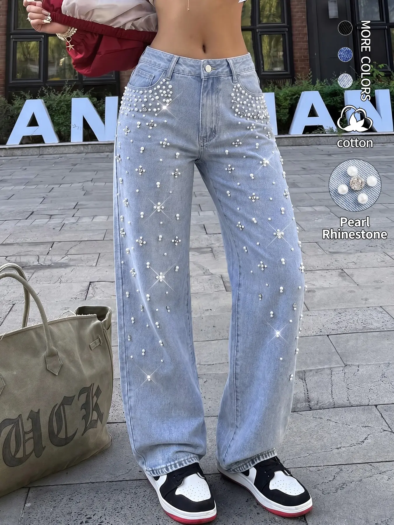 Shiny Pearl Rhinestone Wide Leg Button Pants, Night Out Streetwear, Daily Wear, High Waist Denim Jeans, Fashionable and Stylish
