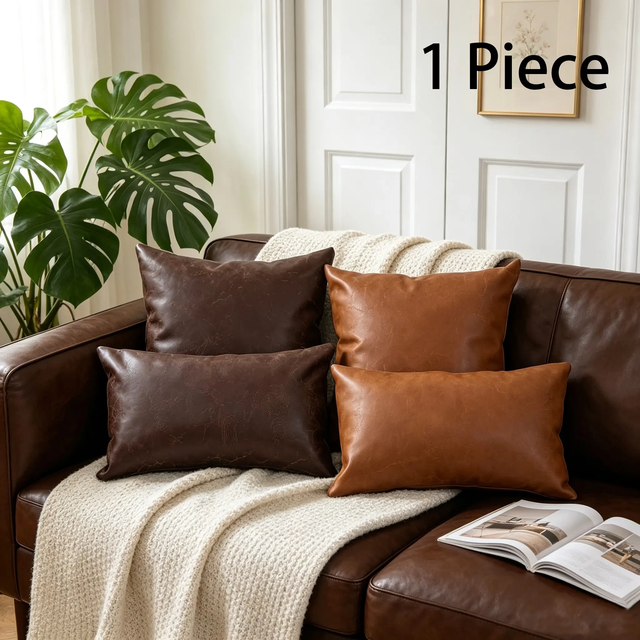 Vintage Cracked Leather Pillow Case, Waterproof Square Lumbar Cushion Cover, Mid-Century American Farmhouse Sofa Home Decor