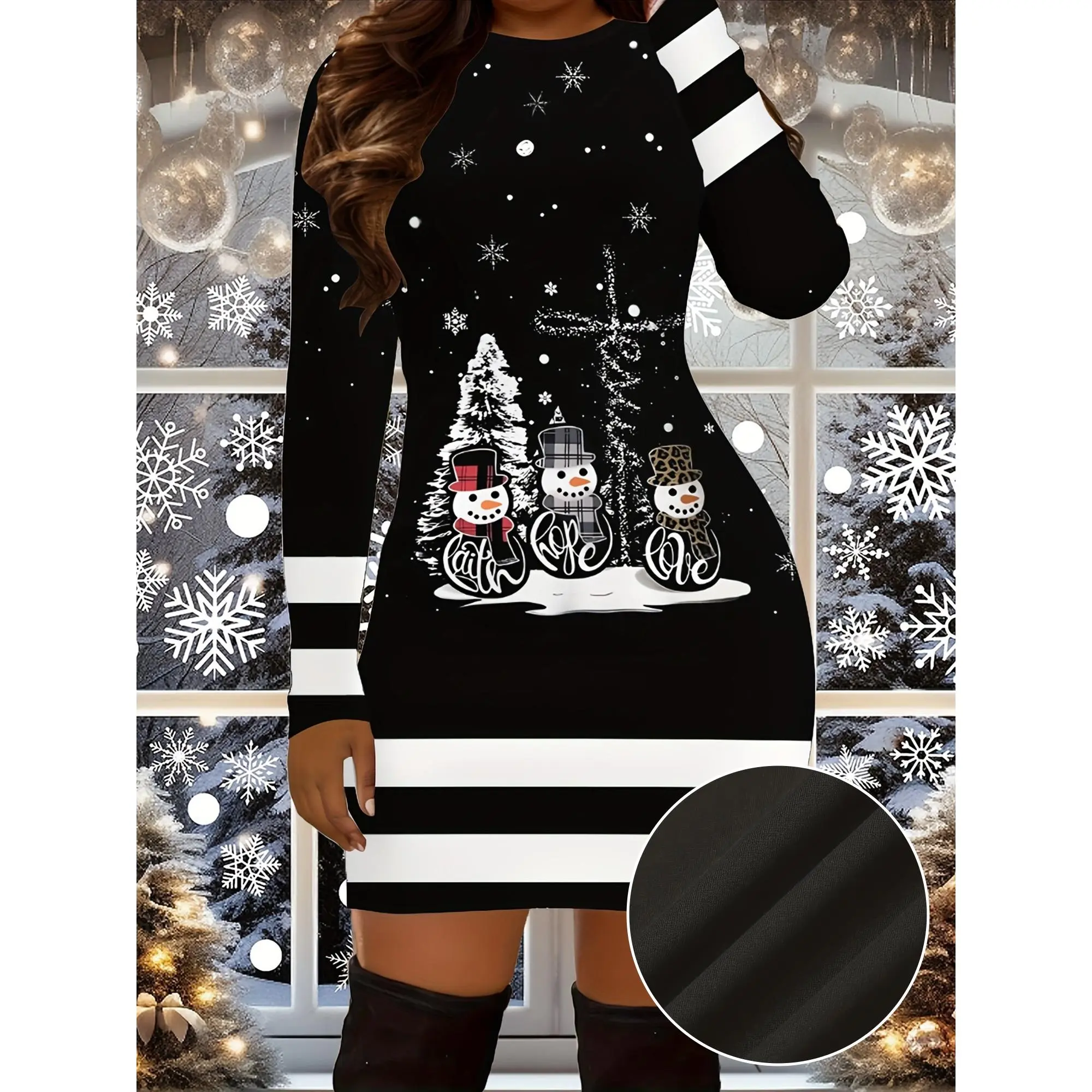 Women's 3D Snowman Print Bodycon Dress - Crew Neck, Long Sleeve, Mid Elasticity Polyester Blend, Christmas Holiday Dancewear, Machine Washable, Standard Size