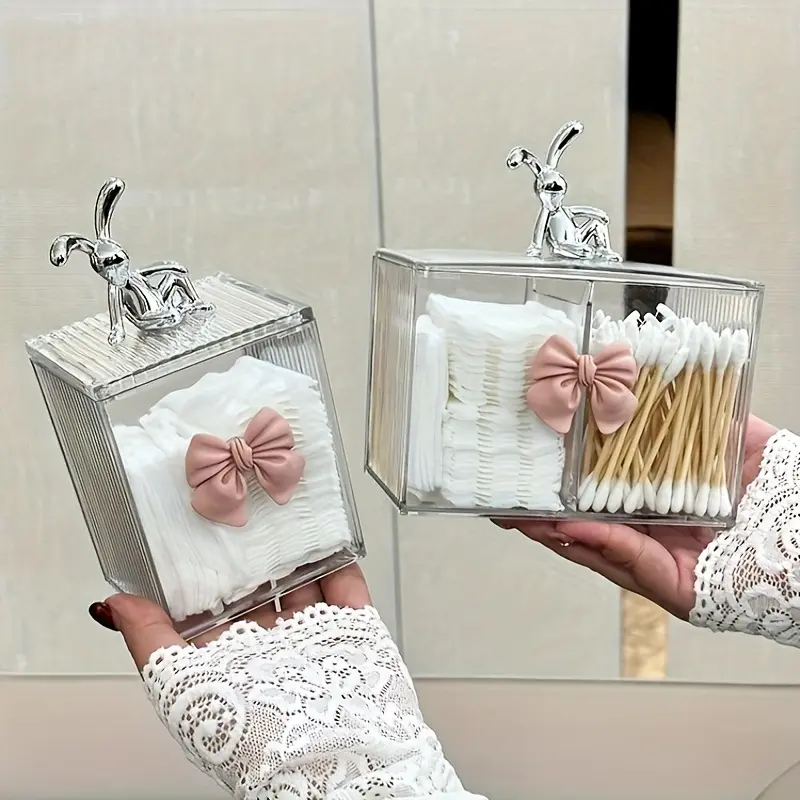 A Storage Container Featuring a Rabbit Bow on The Lid - a Stylish Plastic Organizer Ideal for Swabs, Makeup Pads, And Bathroom Decoration, Making It an Excellent Gift for The Holidays And a Great Addition to Your Vanity