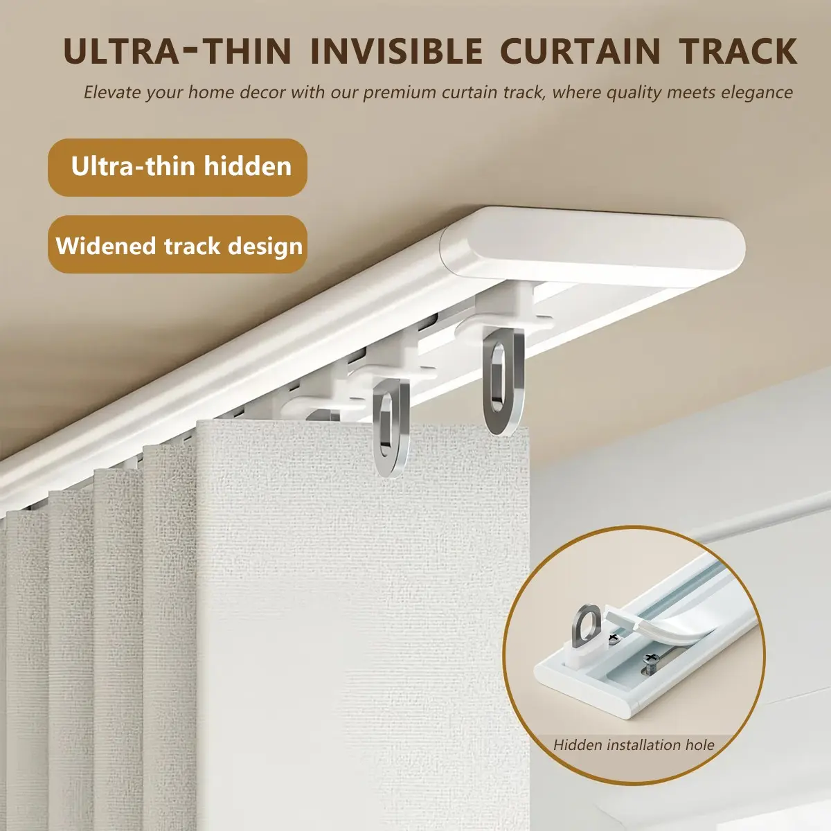 Invisible Ultra-Thin Curtain Track, Adjustable Bath Curtain Rail, Ceiling Mounted Single Rail, Silent Slide, Suitable for Home and Bathroom, Ceiling Mount Curtain Rod