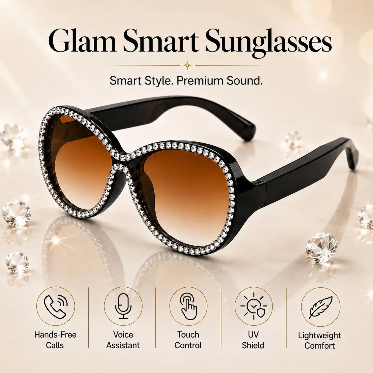 Rhinestone Bluetooth Audio Glasses for Women, Fashion Smart Sunglasses with Built in Mic & Speakers, Open-Ear Music, Touch Control, Hands-Free Calling and UV400 Protection