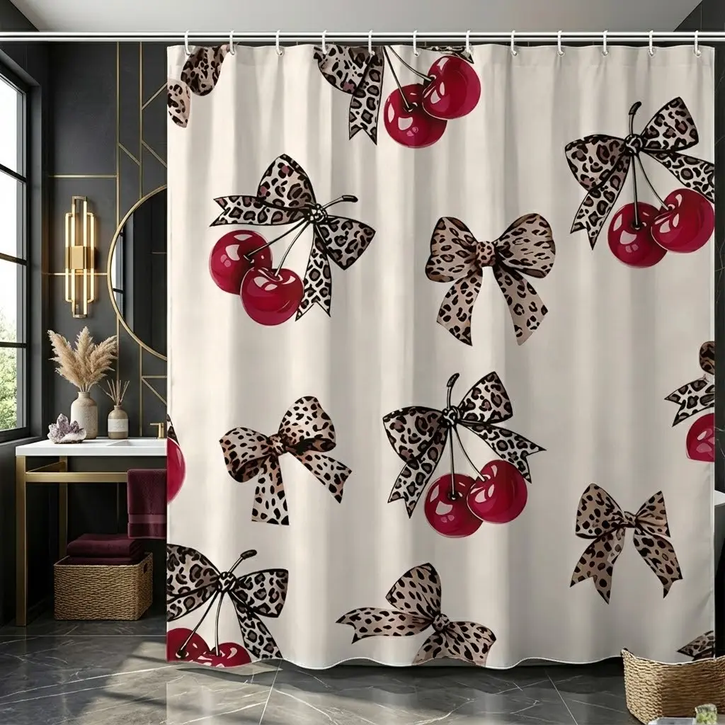 1pcs Cream Background Leopard Print Bow & Red Cherry Shower Curtain, Cute Retro Fruit Ribbon Pattern Curtain for Bathroom Decor, Girly Stylish Home Curtain, Ideal for Valentine's Day, Galentine's Day & Chic Modern Bathroom Refresh