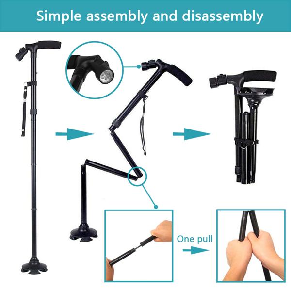 5-Level Adjustable Height Foldable Walking Stick - 360° Anti-Slip Pivoting Base, 6 Built-in LED Lights (180° Rotation), Ergonomic Foam Handle, Lightweight Aluminum Alloy, 250LBS Capacity, Portable for Camping, Black Healthcare Tool Cane Equipment 5-Level Adjustable Height Foldable Walking Stick - 360° Anti-Slip Pivoting Base, 6 Built-in LED Lights (180° Rotation), Ergonomic Foam Handle, Lightweight Aluminum Alloy, 250LBS Capacity, Portable for Camping, Black Healthcare Tool Cane Equipment