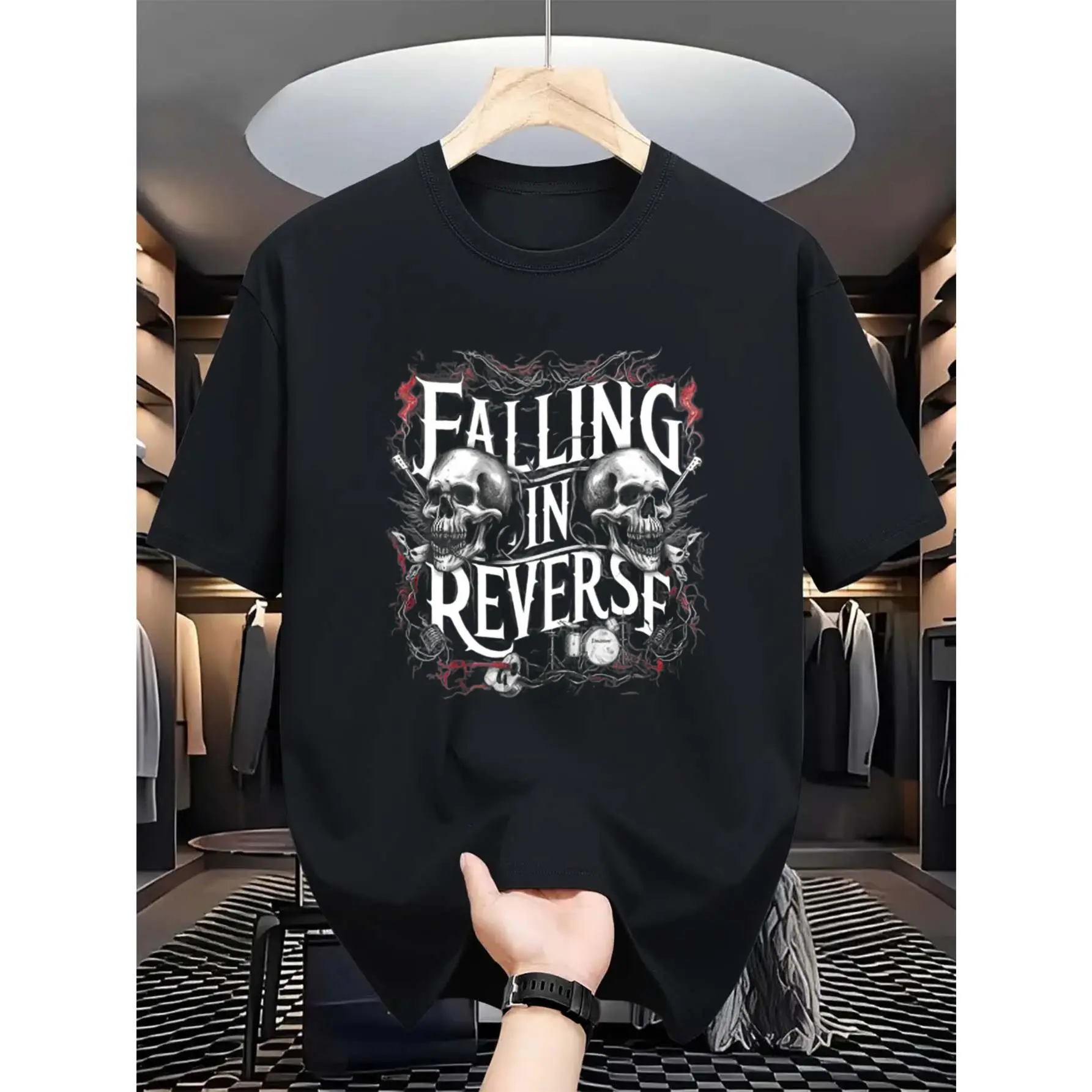 Men Trend Aesthetic Loose Standard Fit Printed Falling in Reverse Ronnie Radke Band Graphic T-Shirt - Men'S And Women'S Black Tee with Red And White Logo Print, Short Sleeve Casual Round Neck