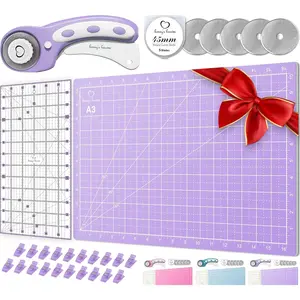 Lavender Rotary Cutter Quilting Kit, Includes 45mm Fabric Cutter, 5 Replacement Blades, A3 Cutting Mat, Acrylic Ruler & Craft Clips, Ideal for Sewing, Crafting, Patchworking, Crochet & Knitting