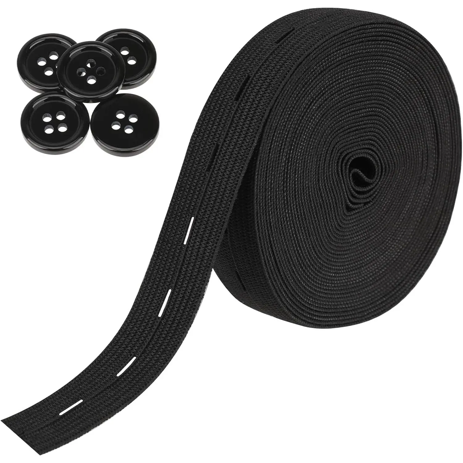 Flat Sewing Band with Buttonholes,3/4 Inch Elastic Band String Strap Cord High Elasticity Knit Fabric Bands Spool Pant  Tightener for Clothing,Wig,Belt,DIY Craft Sewing Supplies (Black,5.5 Yards)