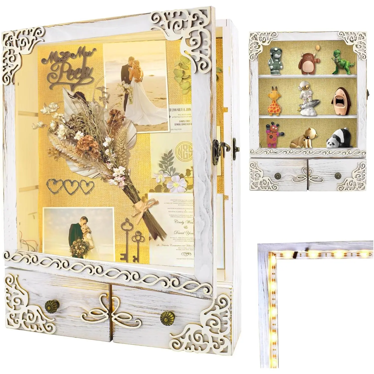 11x16 Shadow Box Frame with Light Memorial Display Case with Shelves Drawer and Slot for Keepsakes Deep Wedding Shadow Box for Wedding Flowers Bridal Memories and Wedding Gifts White